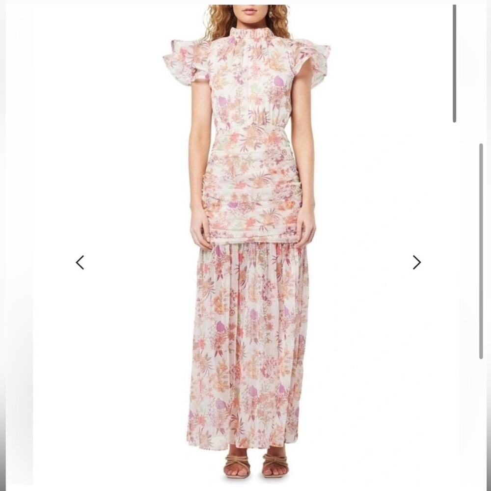 elliatt regale high neck ruched ruffle shoulders floral maxi dress size small - Picture 3 of 10